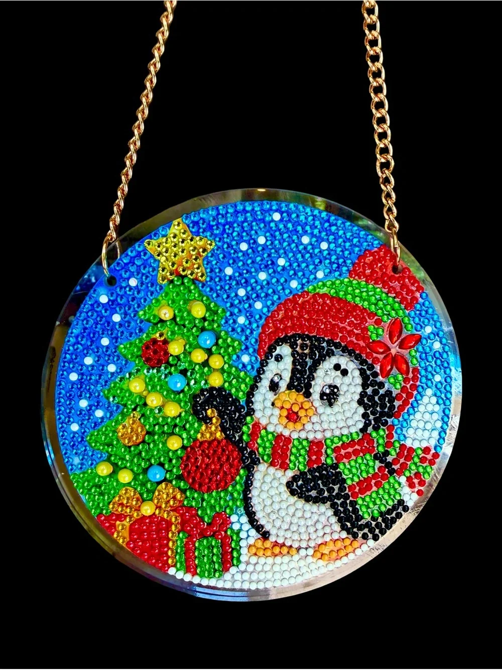 Festive Glittering Penguin Glass Wall or Window Hanging